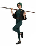 Maki Costume Dark Green Sorceress Outfit Jumpsuit with Black Cape and Belt