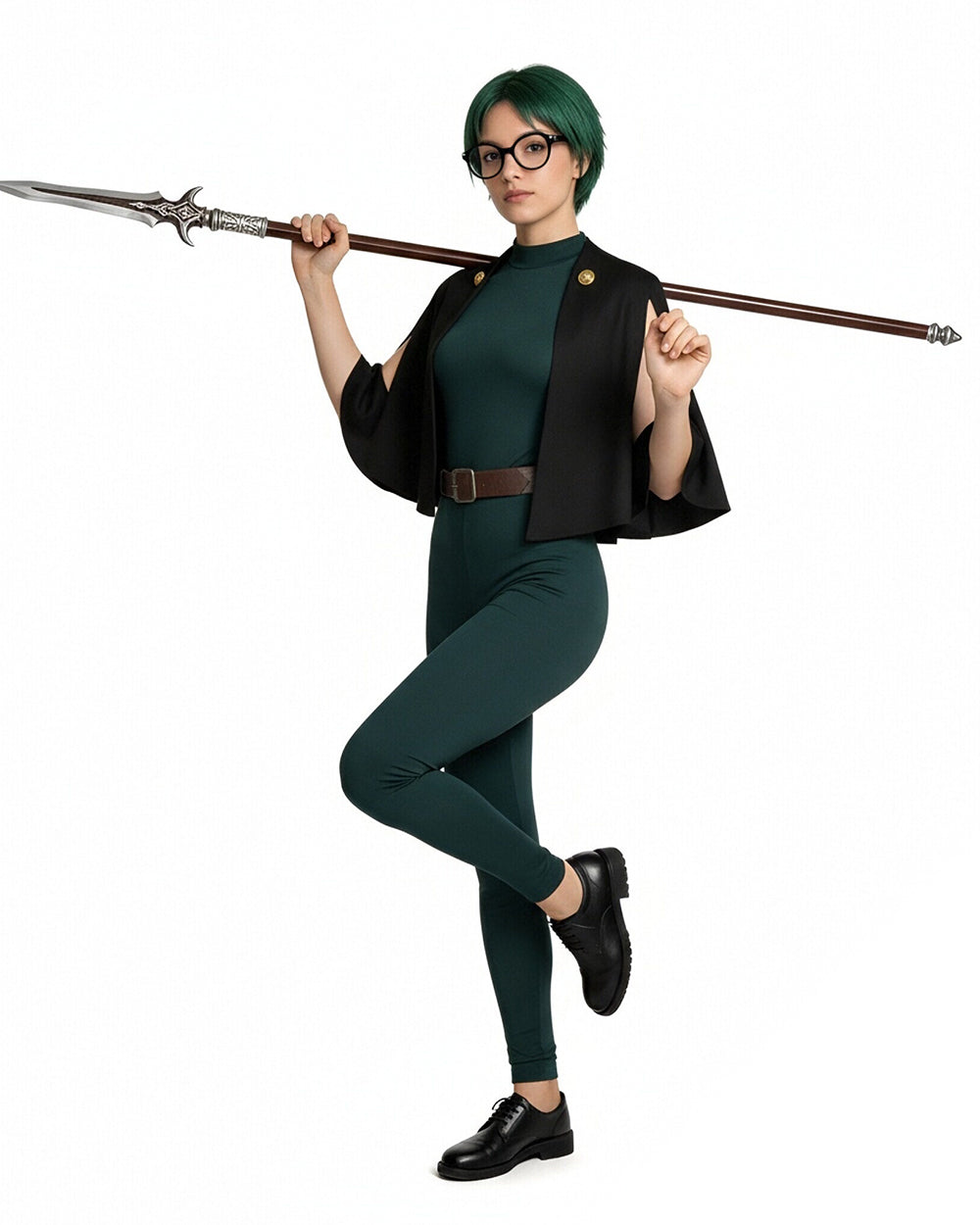 Maki Costume Dark Green Sorceress Outfit Jumpsuit with Black Cape and Belt