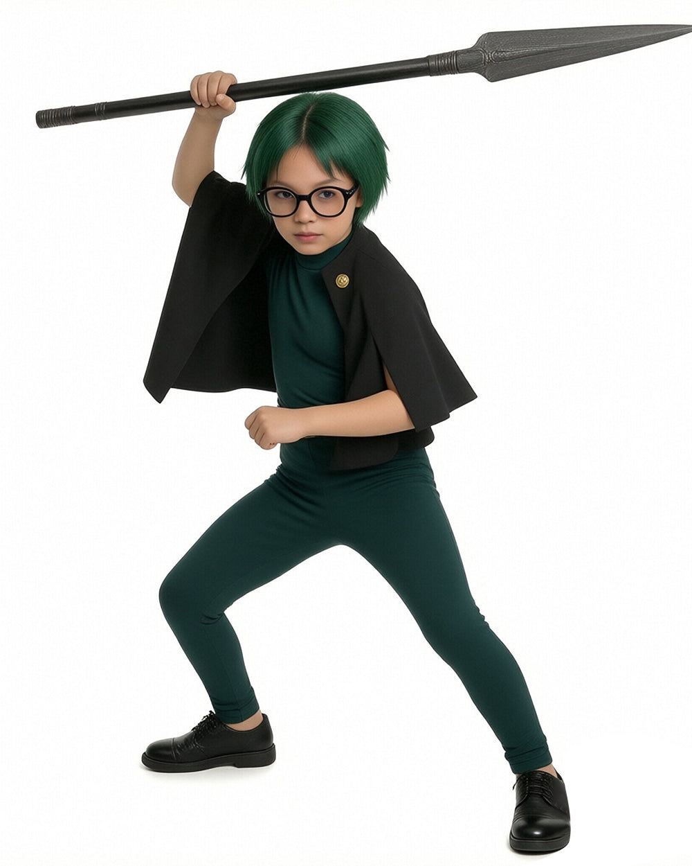 Maki Costume Dark Green Sorceress Outfit Jumpsuit with Black Cape and Belt