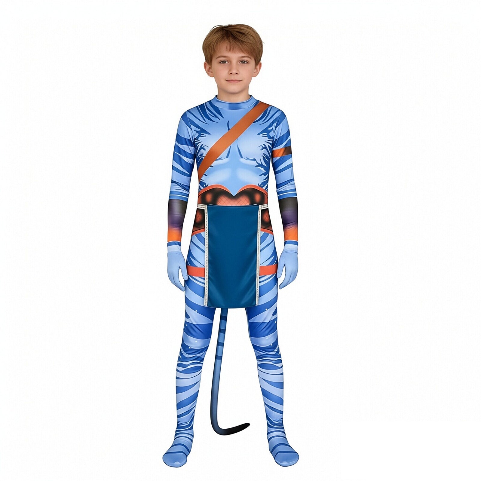 Jake Sully Costume Spandex Na'vi Outfit Blue Jumpsuit with Tail and Apron Set
