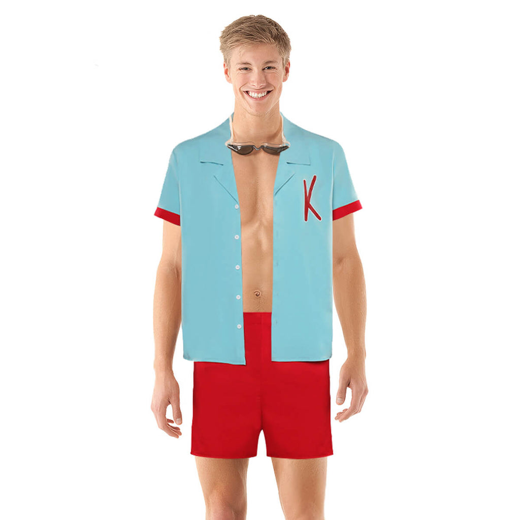 Ryan Gosling Costume Blue Shirt and Red Shorts Suit Men's Beach Vacation Outfit