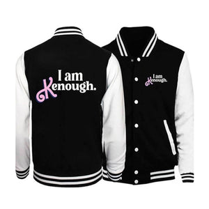 I Am Kenough Bomber Jacket Couples Pink and Black Baseball Jacket for Women Men