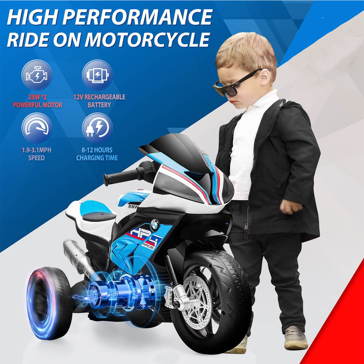 Kids 12V Ride on Motorcycle Battery Powered Electric Ride on Car with LED Lights & Music