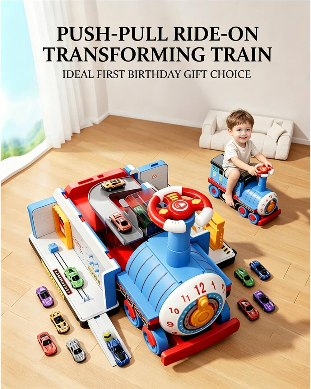 Kids 4-in-1 Ride-On Train Transforming Train Set Multifunctional Storage Toy with Detachable teering Wheel
