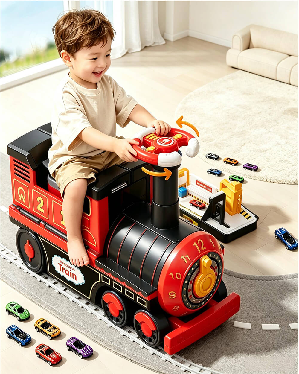Kids 4-in-1 Ride-On Train Transforming Train Set Multifunctional Storage Toy with Detachable teering Wheel