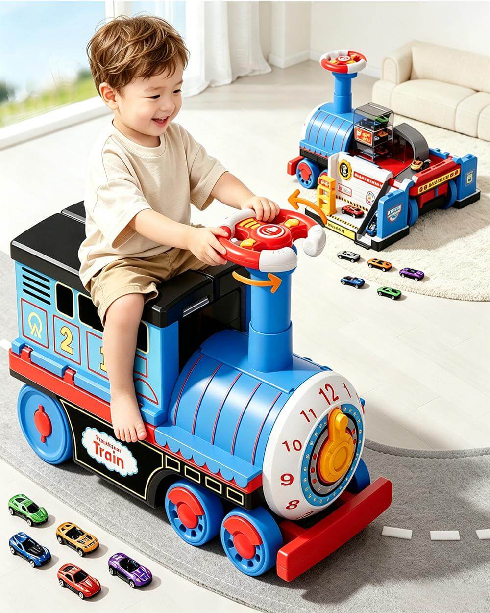 Kids 4-in-1 Ride-On Train Transforming Train Set Multifunctional Storage Toy with Detachable teering Wheel