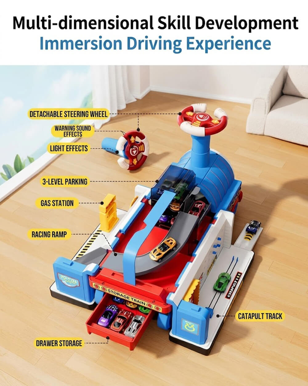 Kids 4-in-1 Ride-On Train Transforming Train Set Multifunctional Storage Toy with Detachable teering Wheel