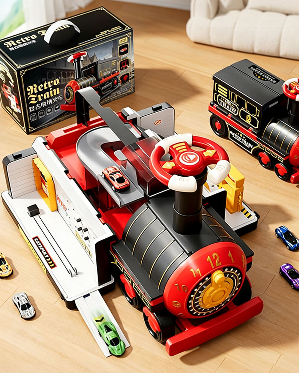 Kids 4-in-1 Ride-On Train Transforming Train Set Multifunctional Storage Toy with Detachable teering Wheel