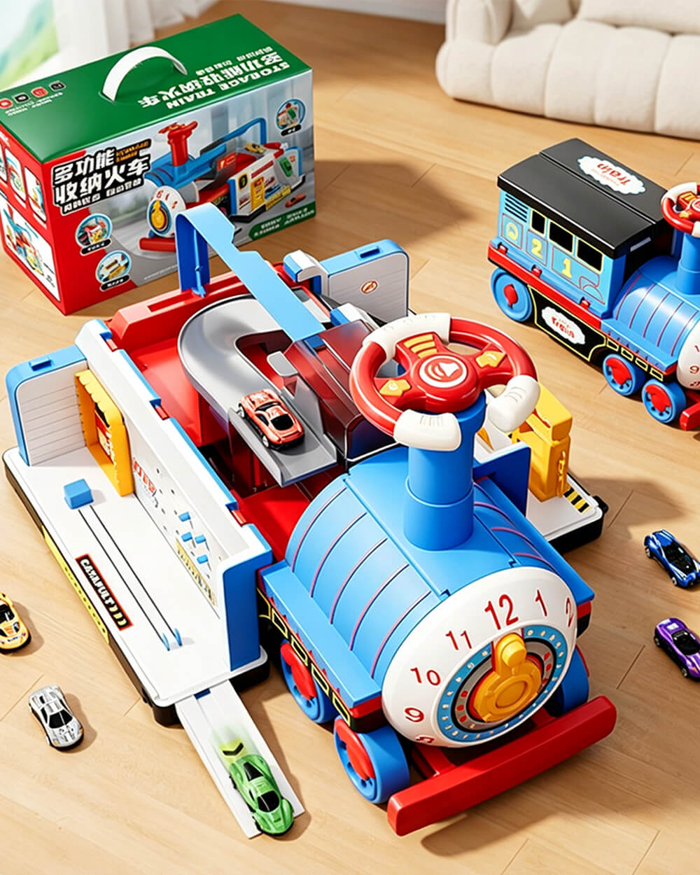 Kids 4-in-1 Ride-On Train Transforming Train Set Multifunctional Storage Toy with Detachable teering Wheel