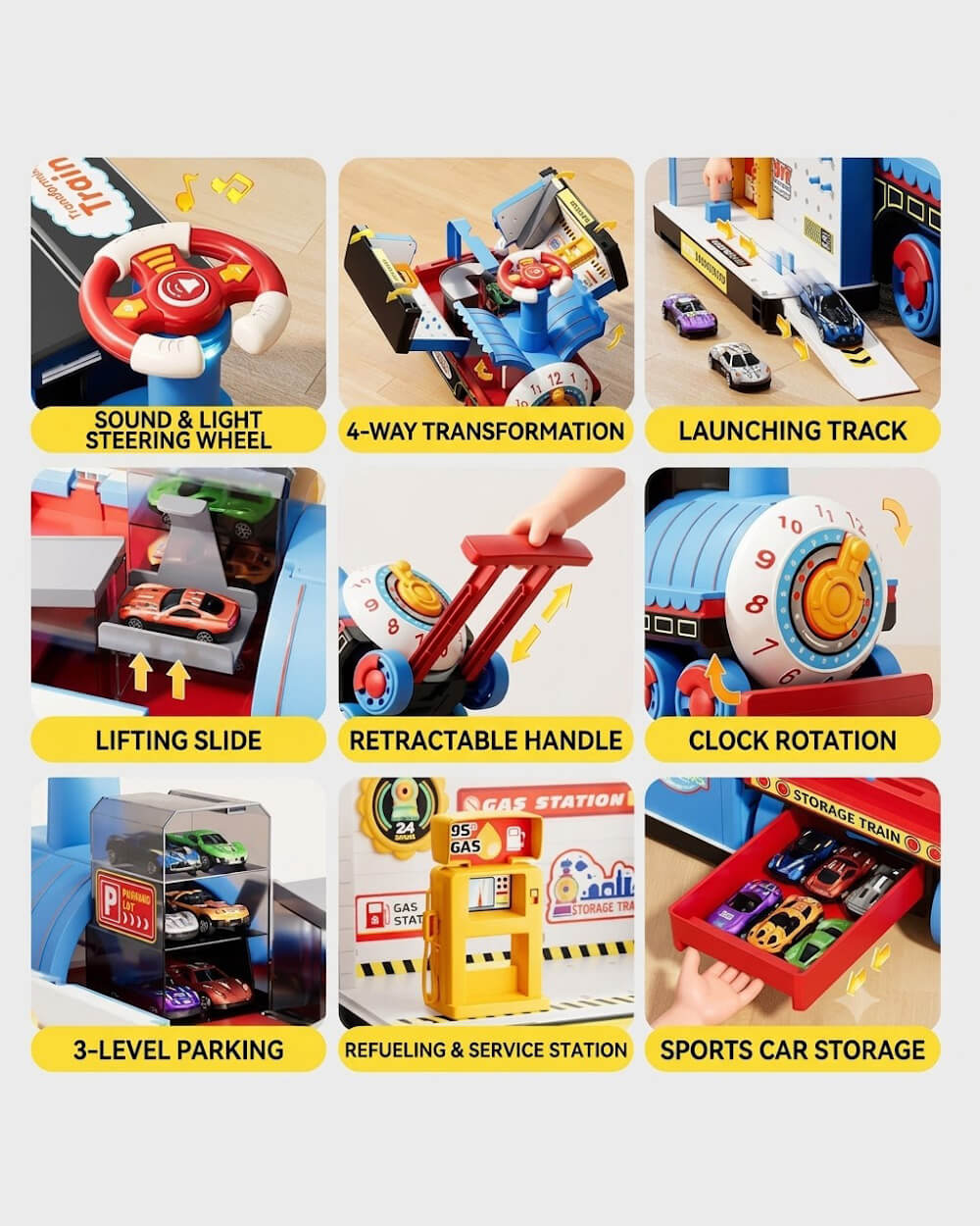 Kids 4-in-1 Ride-On Train Transforming Train Set Multifunctional Storage Toy with Detachable teering Wheel
