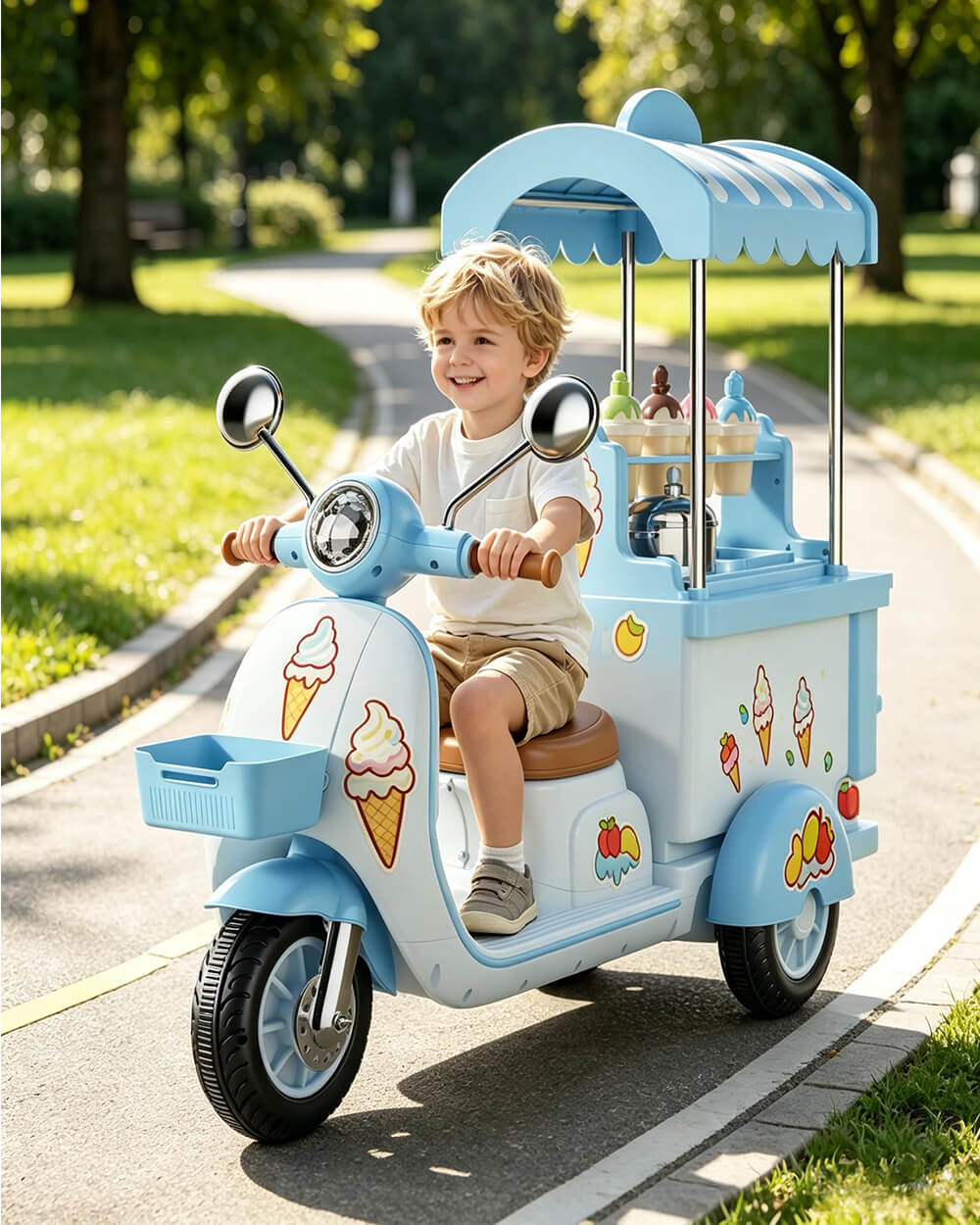 Kids 6V Electric Motorcycle Ride on Ice Cream Car Dual Drive Ride on Toy with Realistic Desserts and Music
