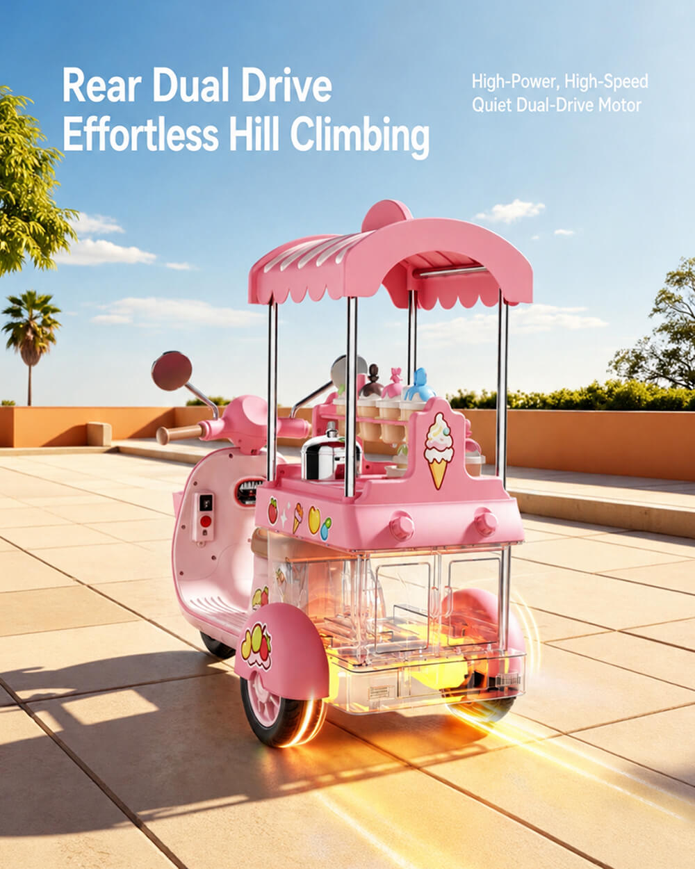 Kids 6V Electric Motorcycle Ride on Ice Cream Car Dual Drive Ride on Toy with Realistic Desserts and Music