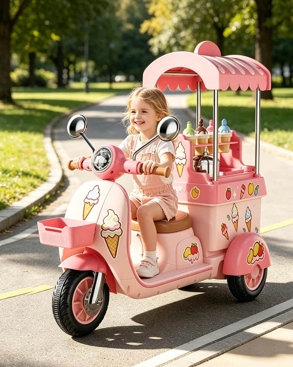 Kids 6V Electric Motorcycle Ride on Ice Cream Car Dual Drive Ride on Toy with Realistic Desserts and Music