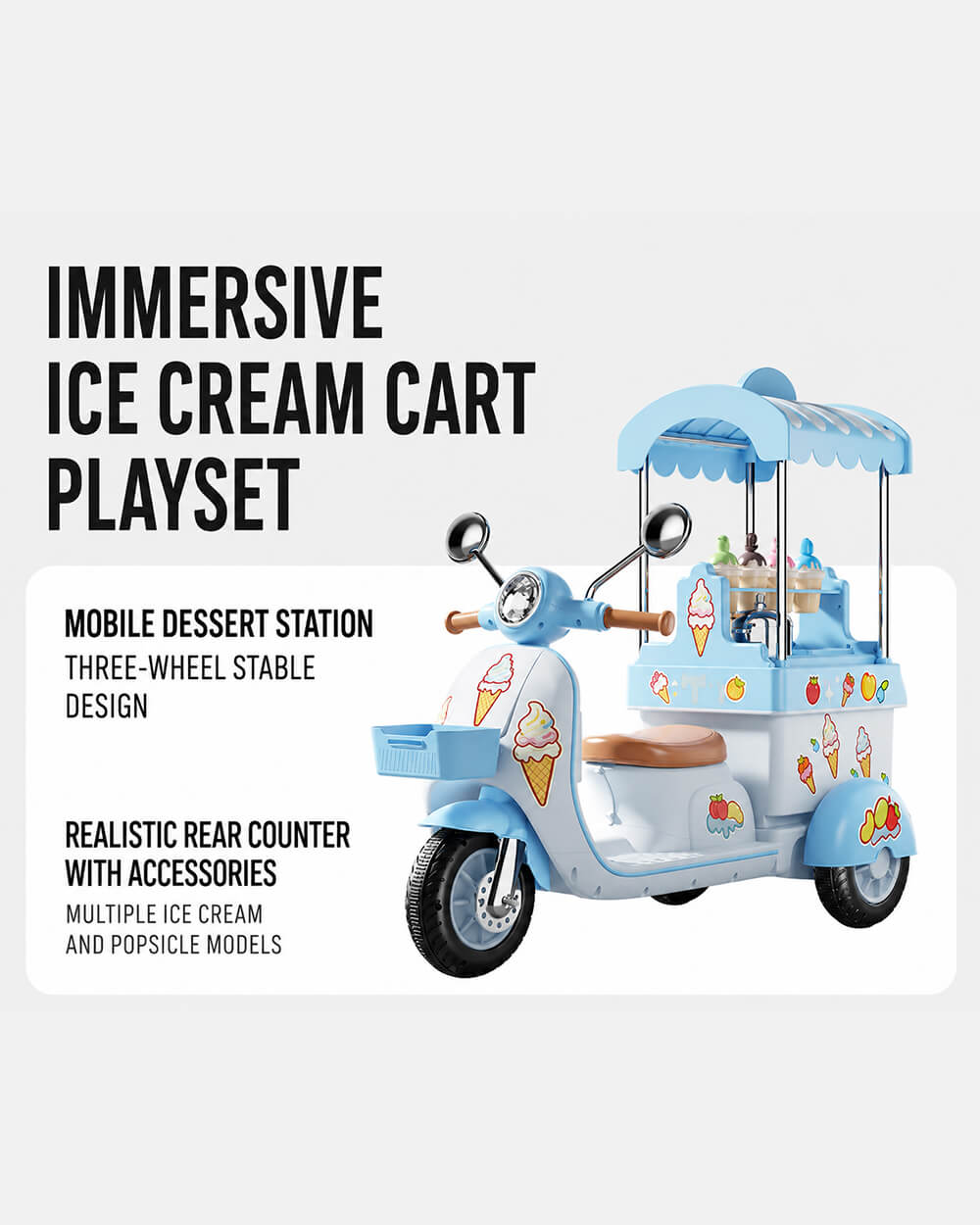 Kids 6V Electric Motorcycle Ride on Ice Cream Car Dual Drive Ride on Toy with Realistic Desserts and Music