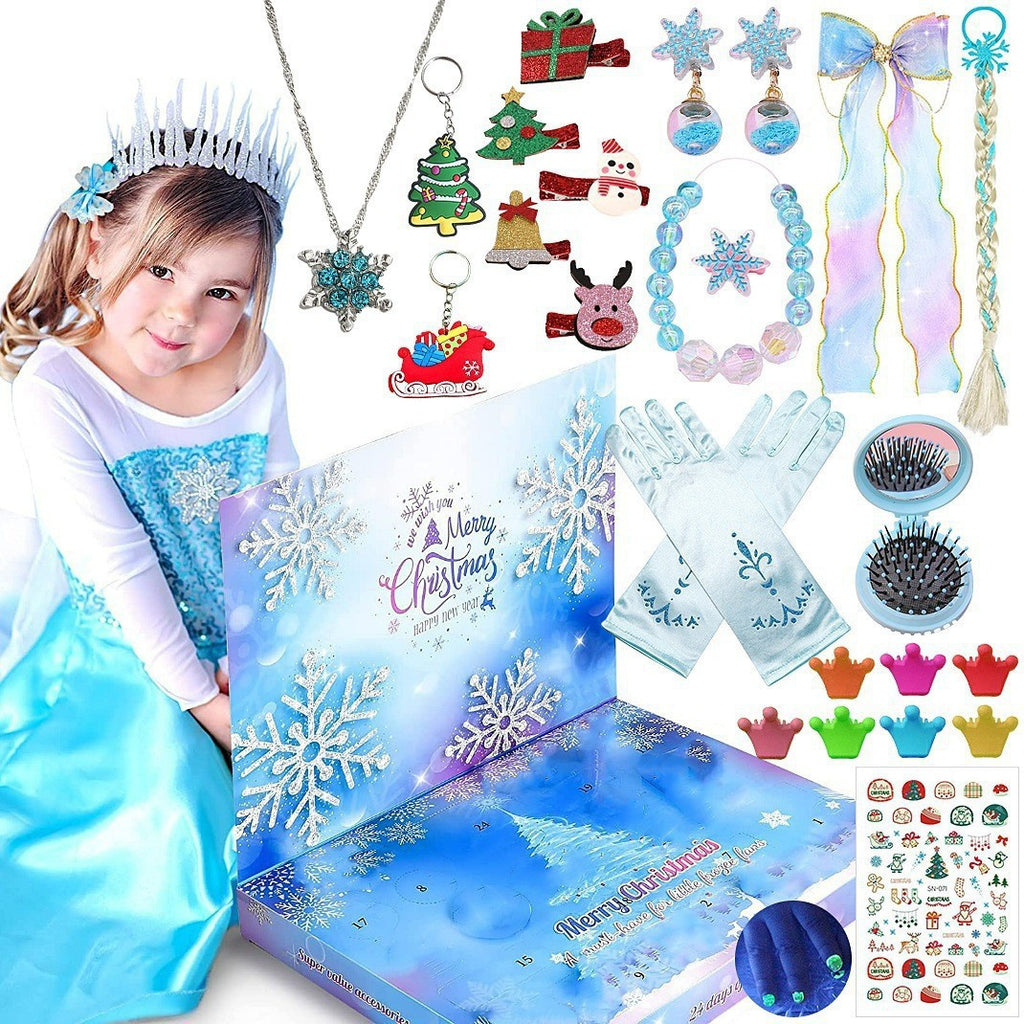 Kids Advent Calendar 2025 Princesses Jewelry Set Blue Princess Decorations Blind Box Girls Holiday Gifts