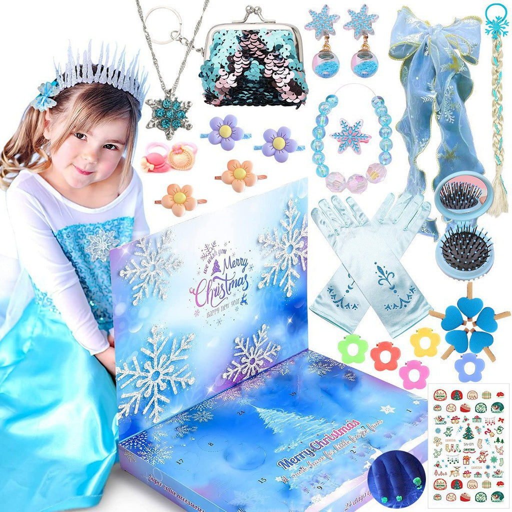Kids Advent Calendar 2025 Princesses Jewelry Set Blue Princess Decorations Blind Box Girls Holiday Gifts