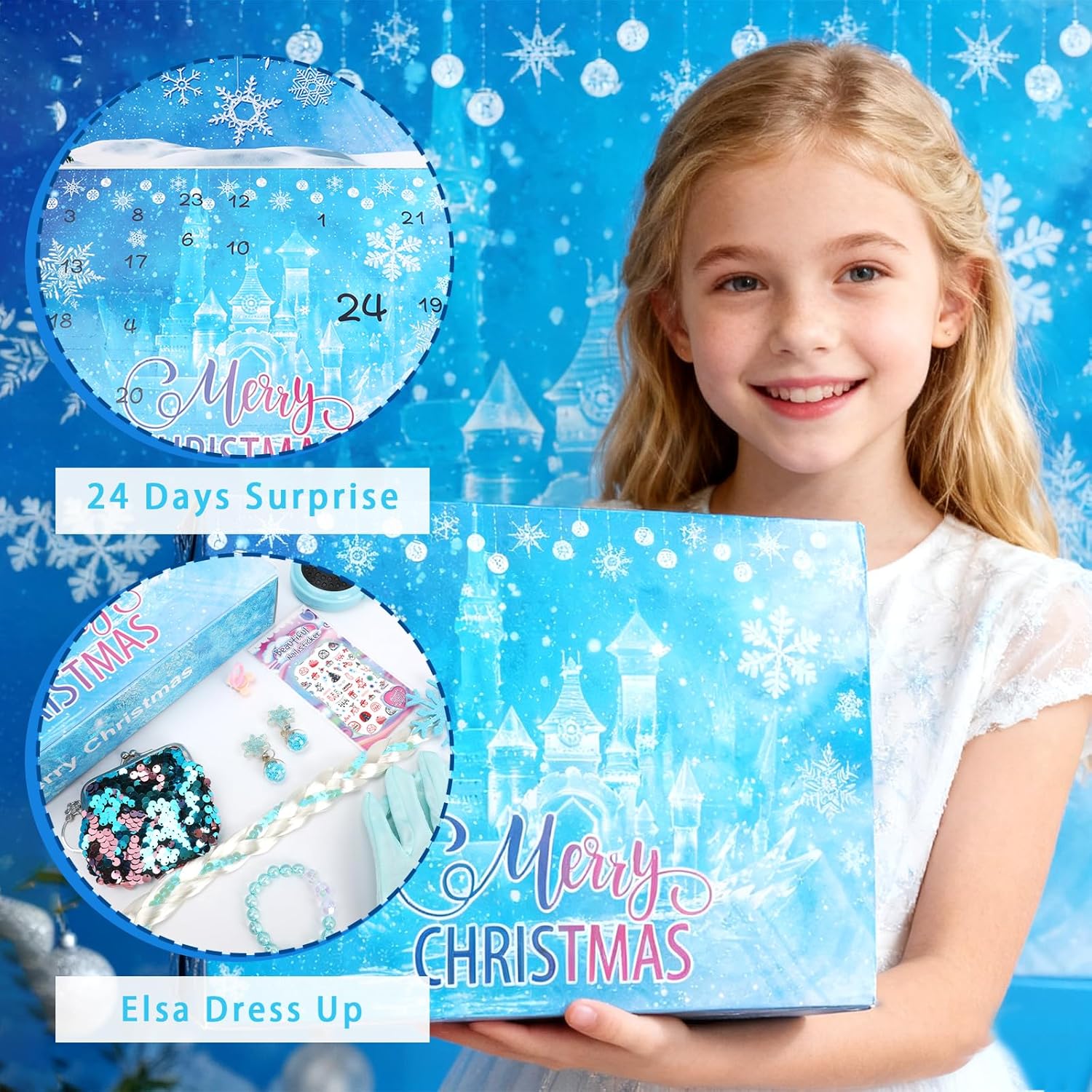 Kids Advent Calendar 2025 Princesses Jewelry Set Blue Princess Decorations Blind Box Girls Holiday Gifts