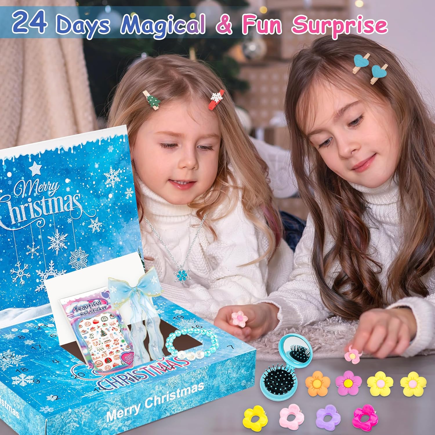 Kids Advent Calendar 2025 Princesses Jewelry Set Blue Princess Decorations Blind Box Girls Holiday Gifts
