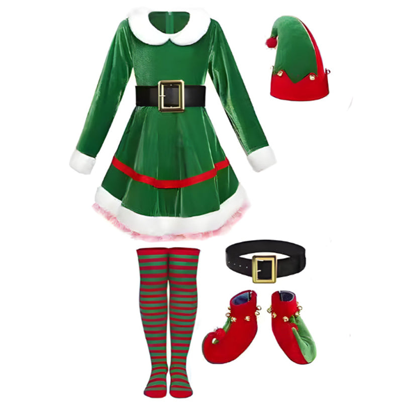 Girls Elf Costume Velvet Christmas Elf Costume Xmas Party Outfits Kids Elf Suit