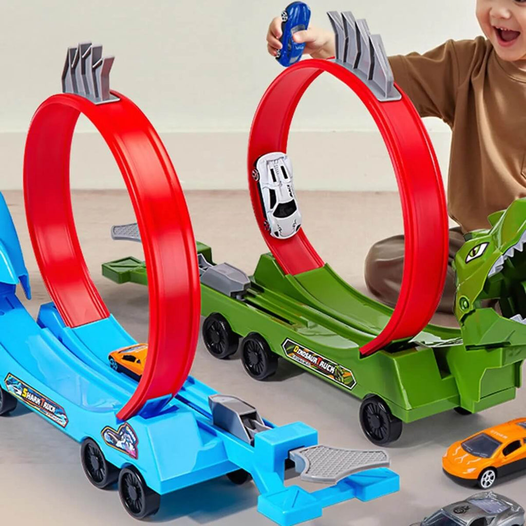 Kids Dino Track Racing Car One-click Launch Car 360° Rotating Track with 12 Mini Car