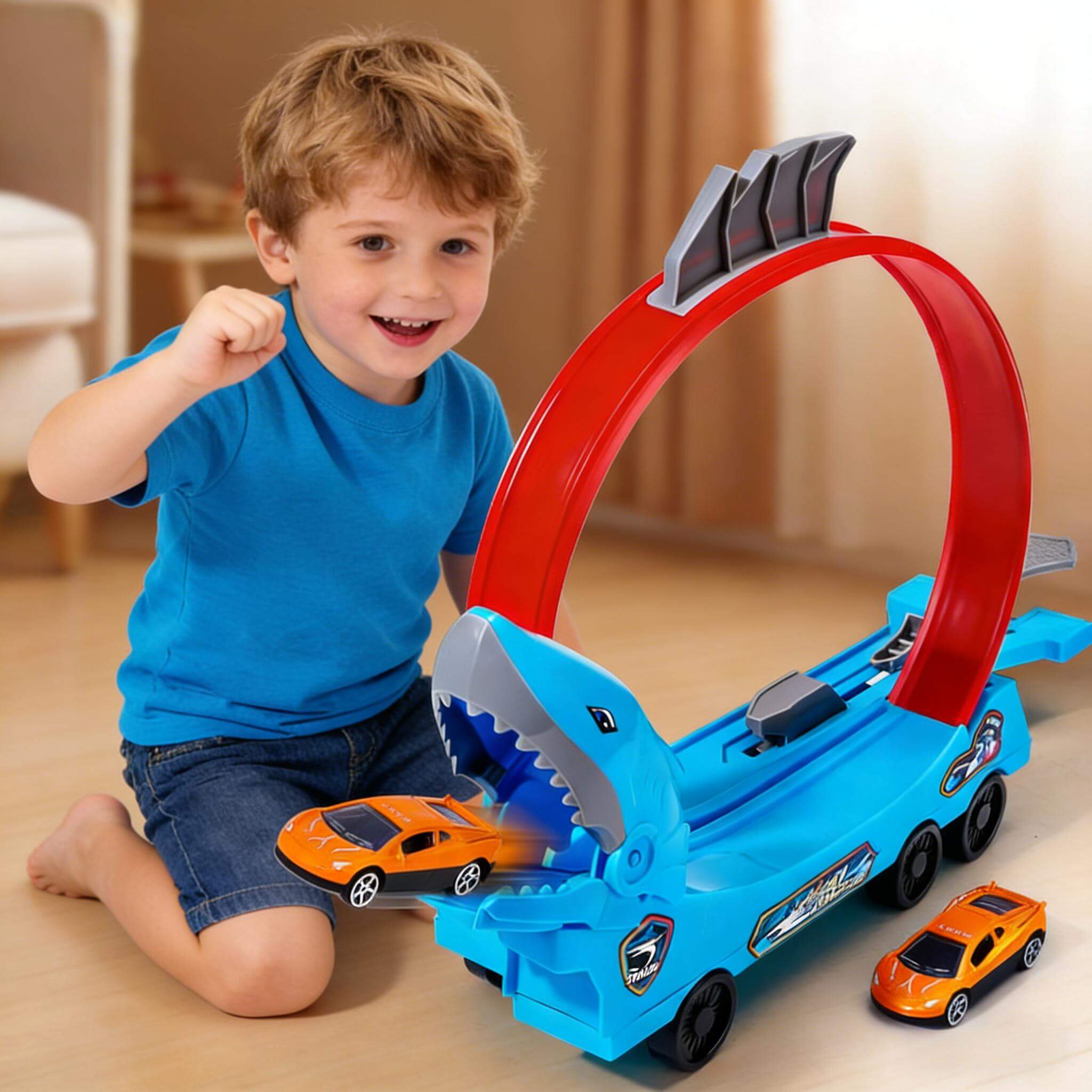 Kids Dino Track Racing Car One-click Launch Car 360° Rotating Track with 12 Mini Car
