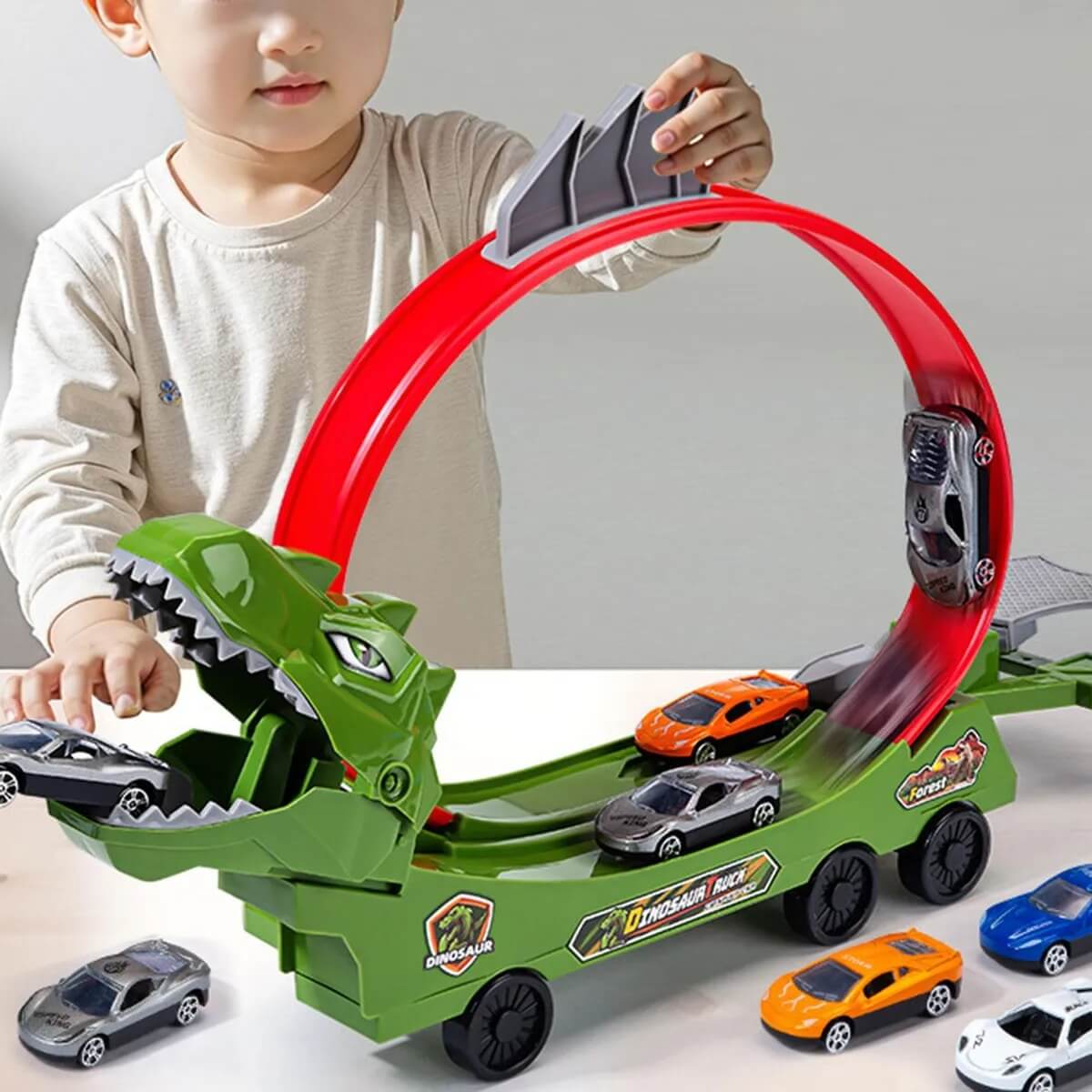 Kids Dino Track Racing Car One-click Launch Car 360° Rotating Track with 12 Mini Car