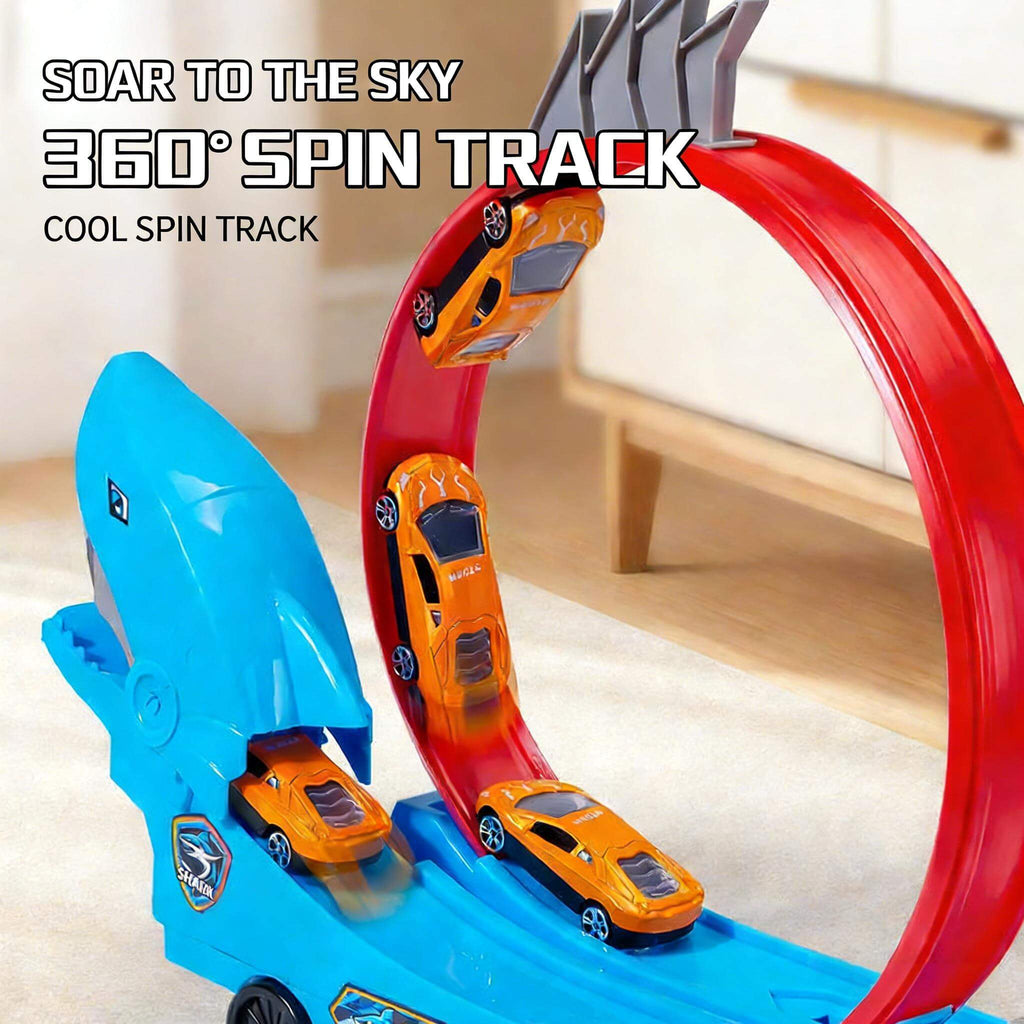 Kids Dino Track Racing Car One-click Launch Car 360° Rotating Track with 12 Mini Car