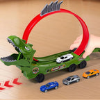 Kids Dino Track Racing Car One-click Launch Car 360° Rotating Track with 12 Mini Car