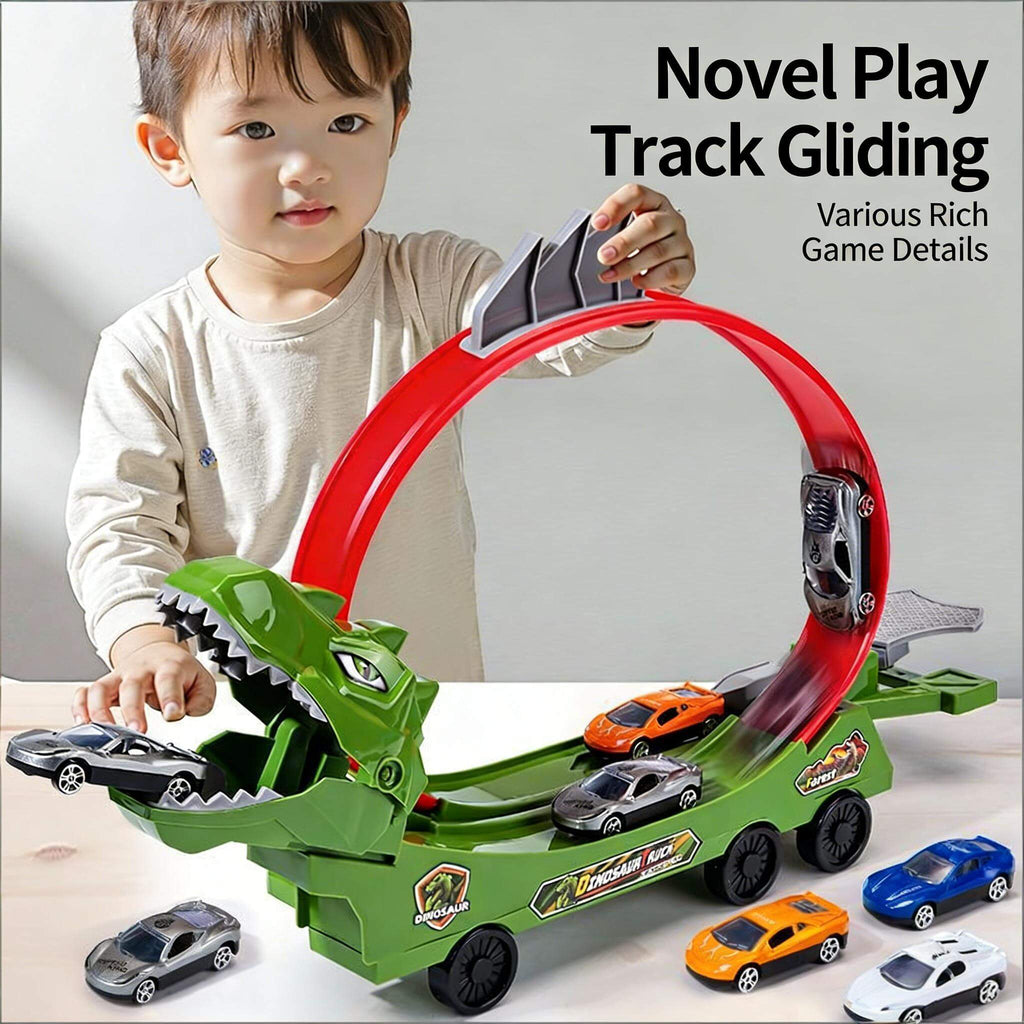 Kids Dino Track Racing Car One-click Launch Car 360° Rotating Track with 12 Mini Car