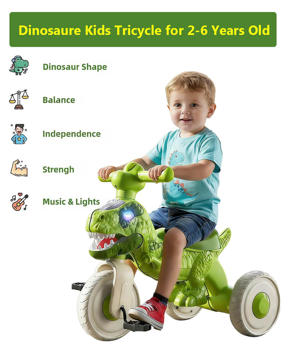 Kids Dino Tricycle Comfortable Seats Ride On Car Triangular Structure with Immersive Music and Light