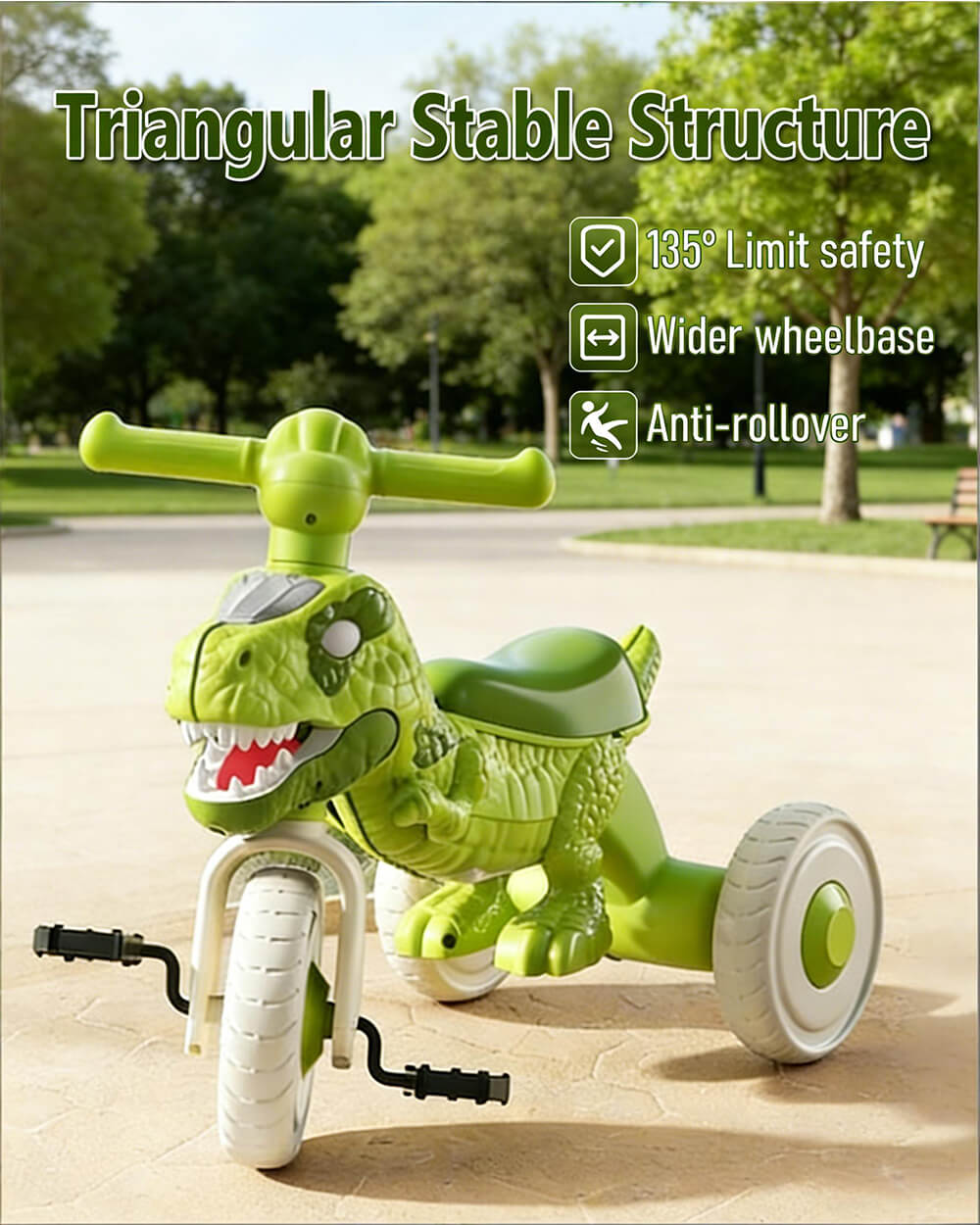 Kids Dino Tricycle Comfortable Seats Ride On Car Triangular Structure with Immersive Music and Light