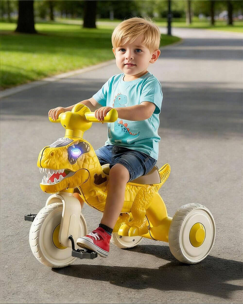 Kids Dino Tricycle Toddler Trike Bike Age 2-6 Year Old with Music, Storage Basket & Rubber Wheels
