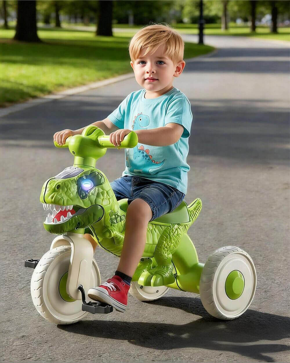 Kids Dino Tricycle Toddler Trike Bike Age 2-6 Year Old with Music, Storage Basket & Rubber Wheels