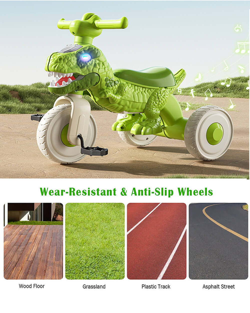 Kids Dino Tricycle Comfortable Seats Ride On Car Triangular Structure with Immersive Music and Light