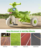 Kids Dino Tricycle Comfortable Seats Ride On Car Triangular Structure with Immersive Music and Light
