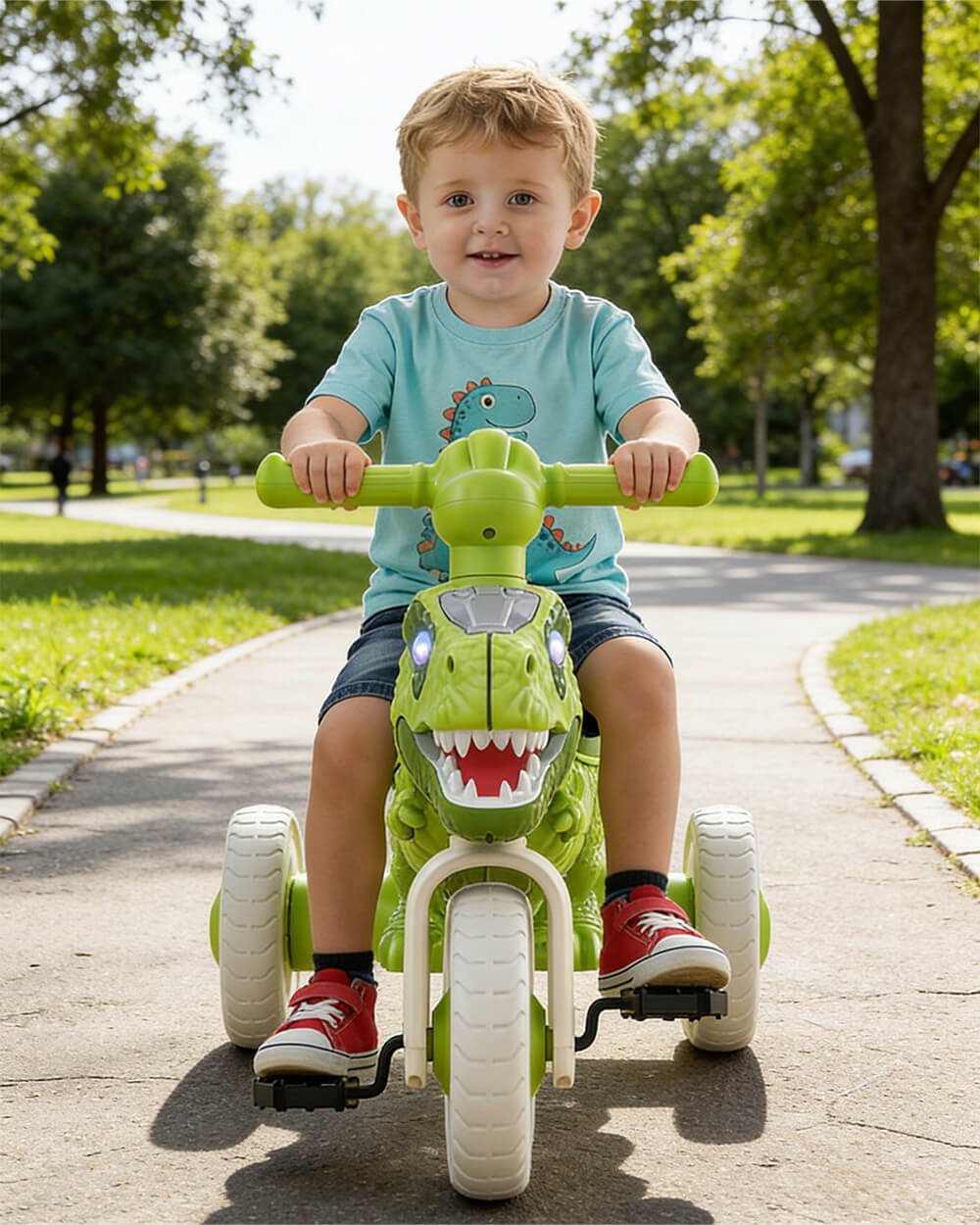 Kids Dino Tricycle Comfortable Seats Ride On Car Triangular Structure with Immersive Music and Light