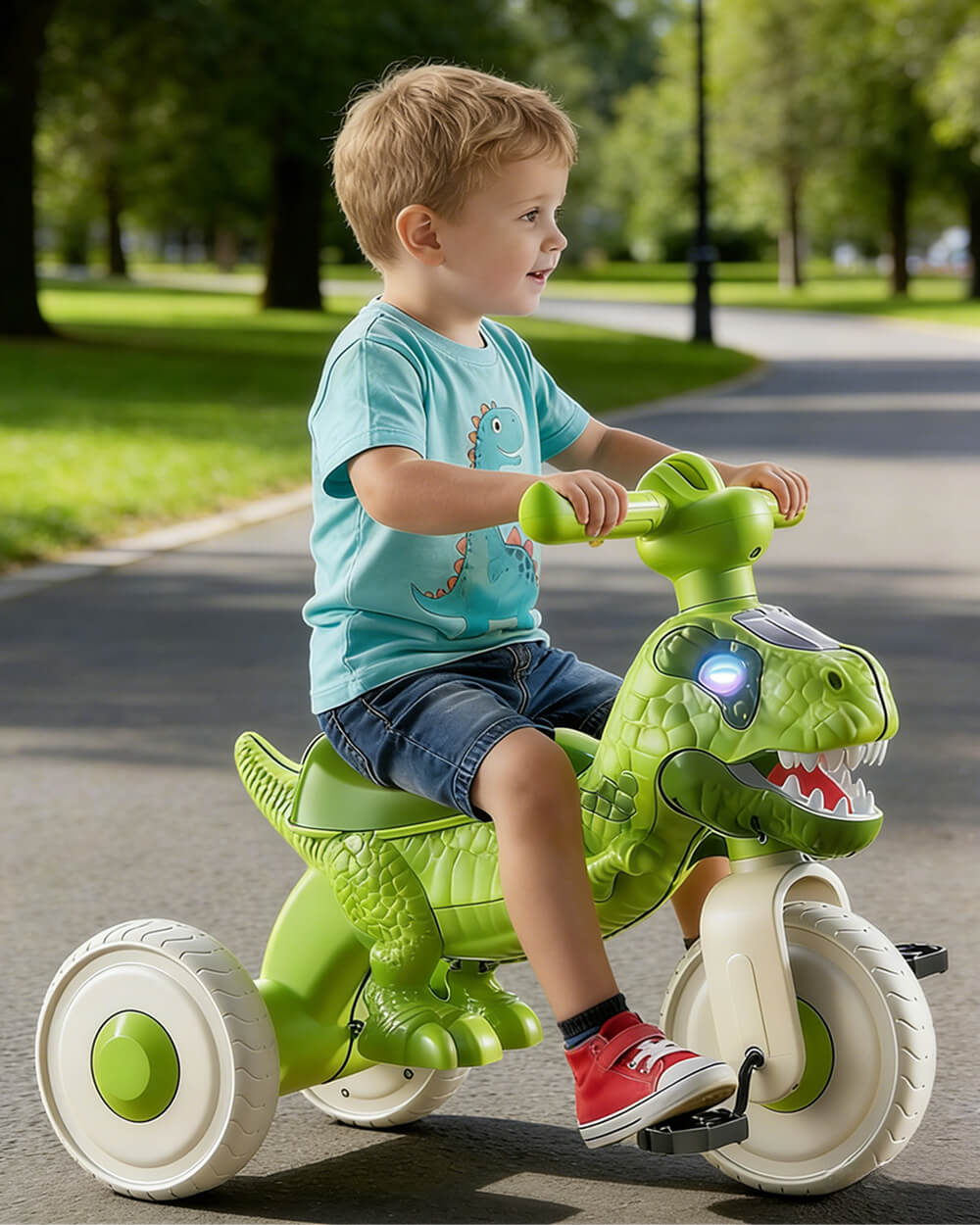 Kids Dino Tricycle Comfortable Seats Ride On Car Triangular Structure with Immersive Music and Light