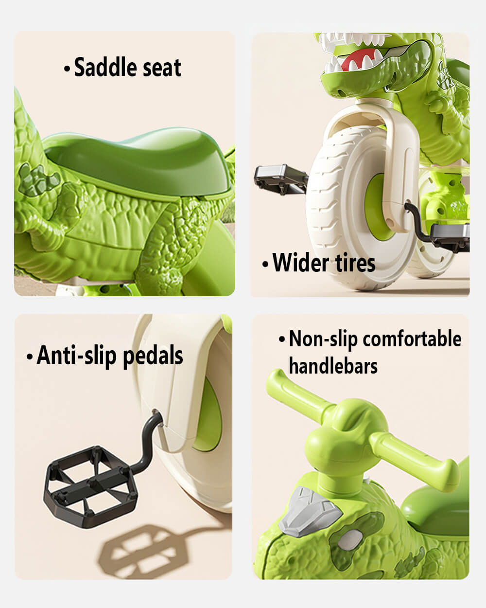 Kids Dino Tricycle Comfortable Seats Ride On Car Triangular Structure with Immersive Music and Light