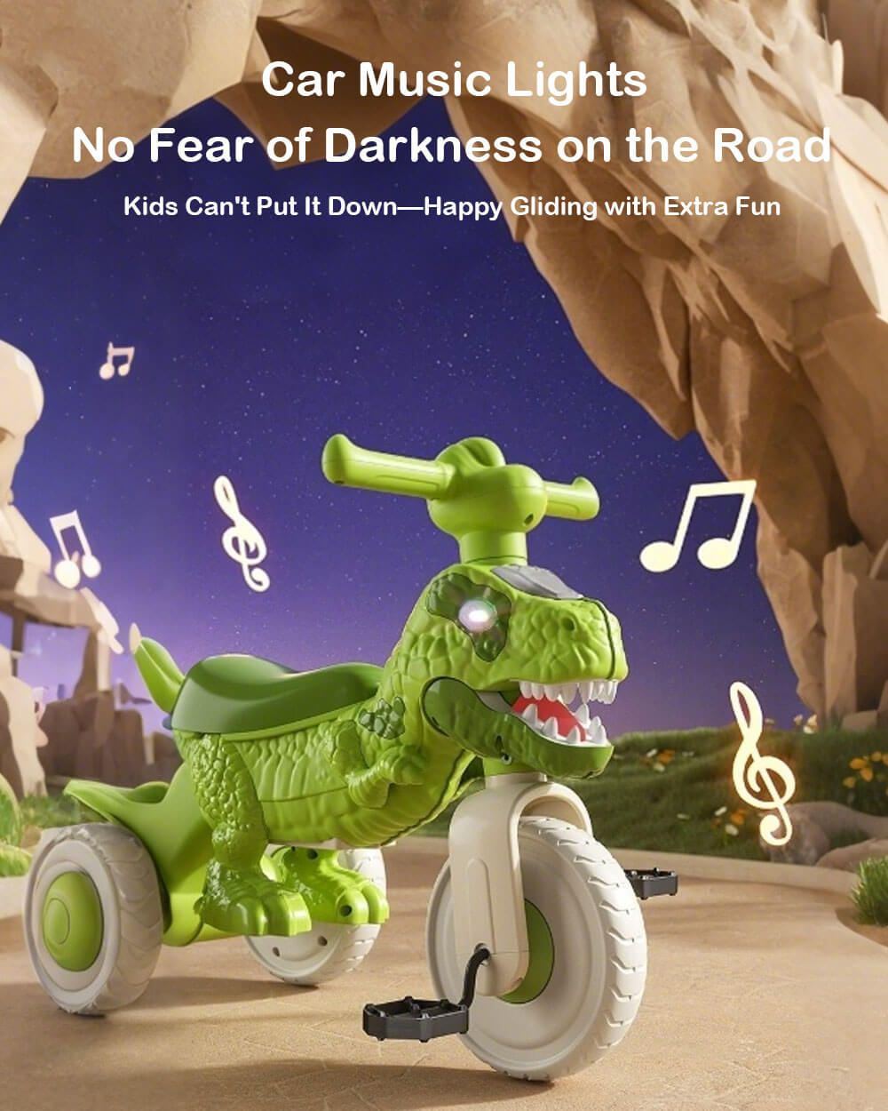 Kids Dino Tricycle Comfortable Seats Ride On Car Triangular Structure with Immersive Music and Light
