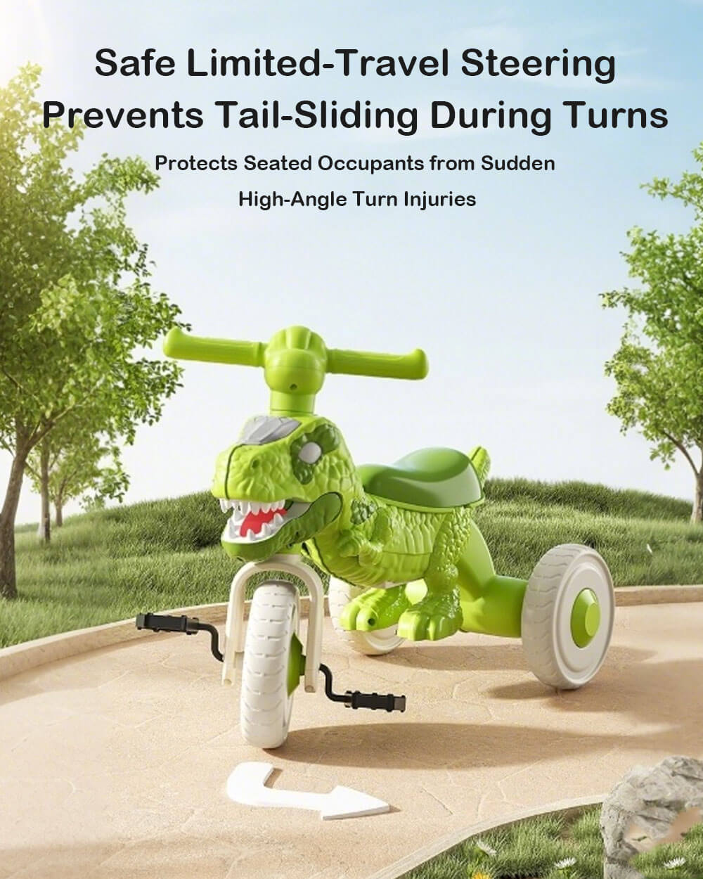 Kids Dino Tricycle Comfortable Seats Ride On Car Triangular Structure with Immersive Music and Light