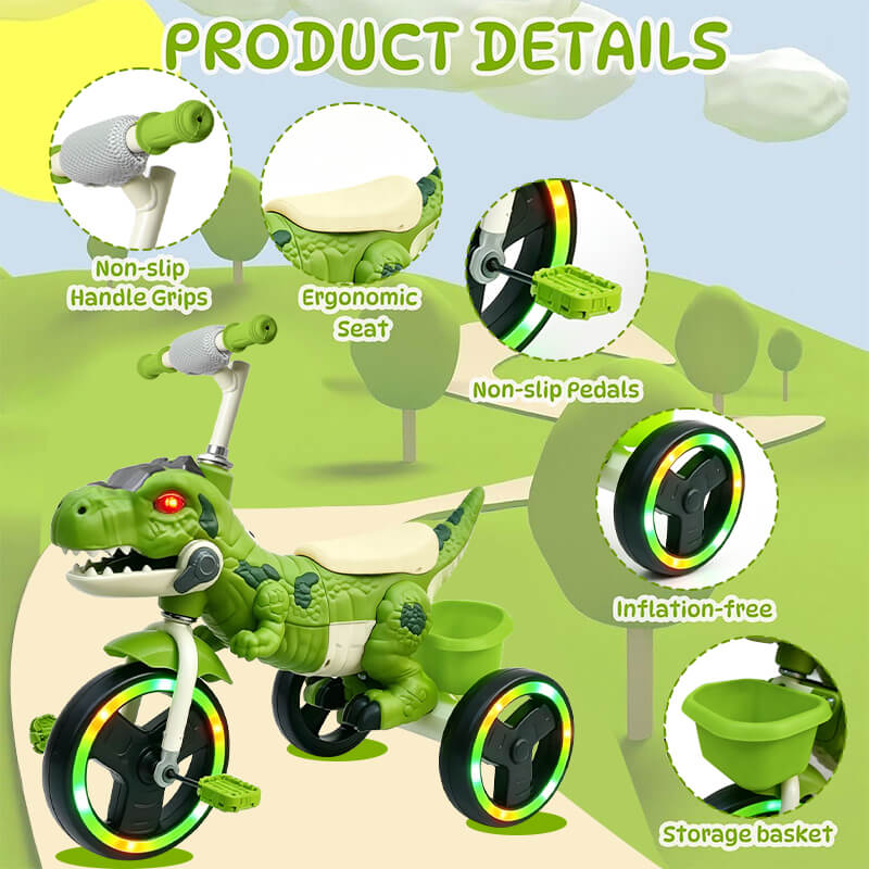 Kids Dinosaur Tricycle Ride-on Tricycle with Storage Basket Lights and Music for Child 2-6 Years Old