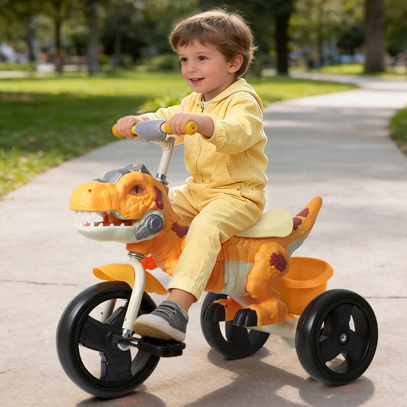 Kids Dinosaur Tricycle Ride-on Tricycle with Storage Basket Lights and Music for Child 2-6 Years Old