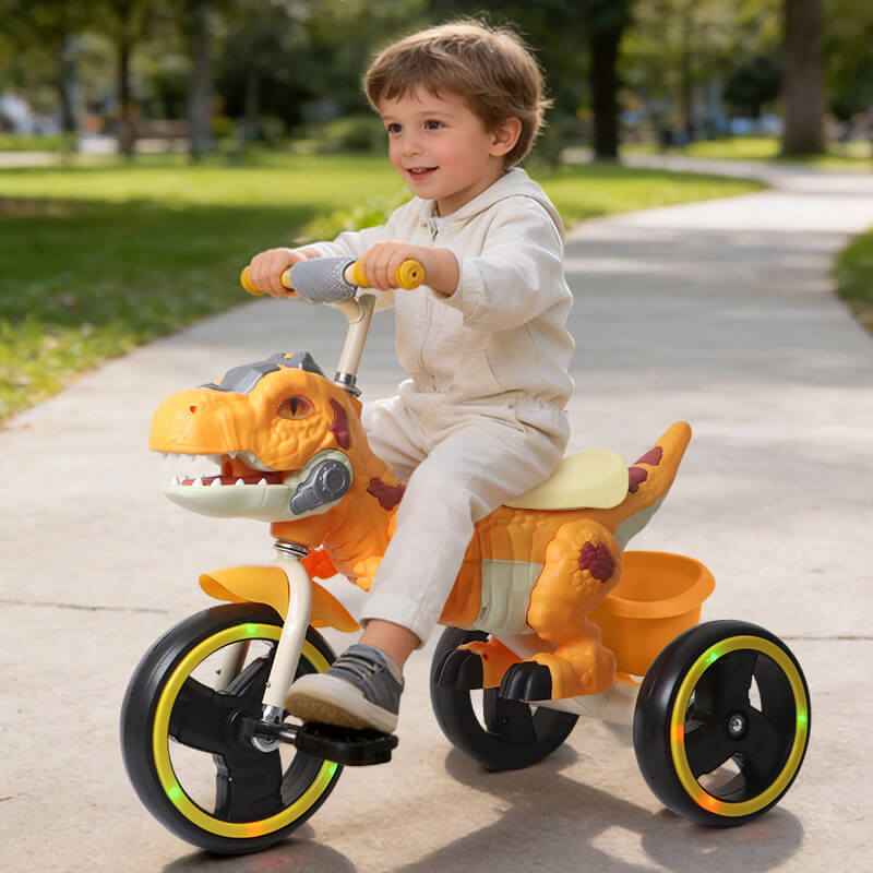 Kids Dinosaur Tricycle Ride-on Tricycle with Storage Basket Lights and Music for Child 2-6 Years Old