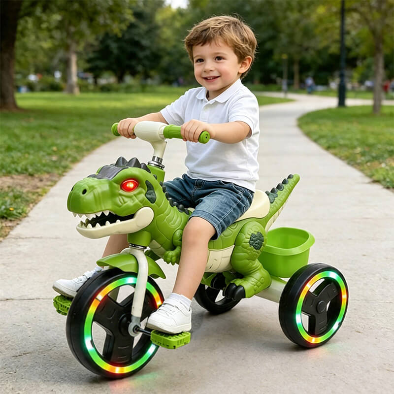 Kids Dinosaur Tricycle Ride-on Tricycle with Storage Basket Lights and Music for Child 2-6 Years Old