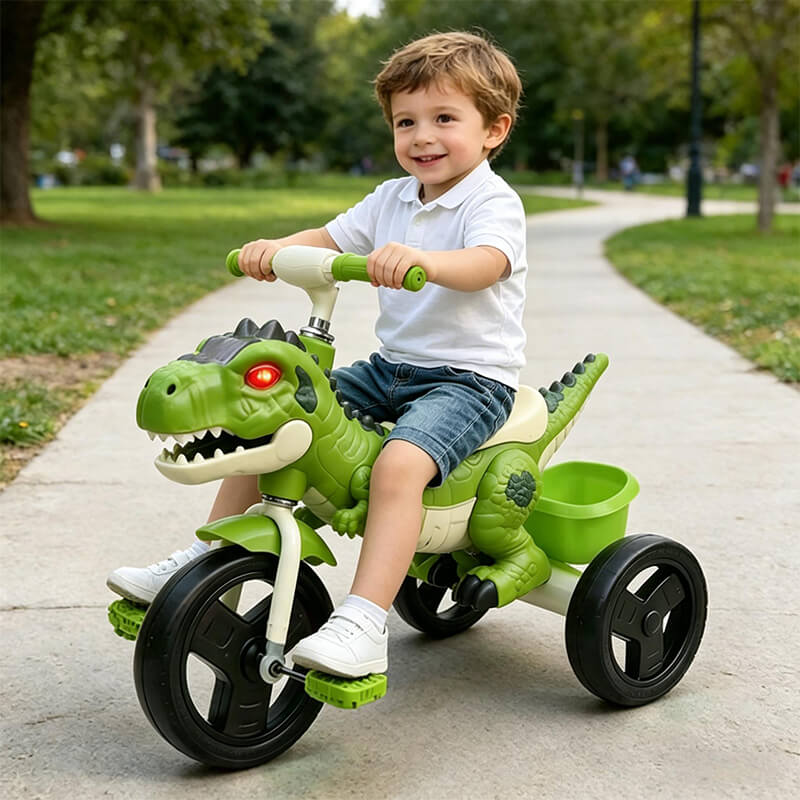 Kids Dinosaur Tricycle Ride-on Tricycle with Storage Basket Lights and Music for Child 2-6 Years Old