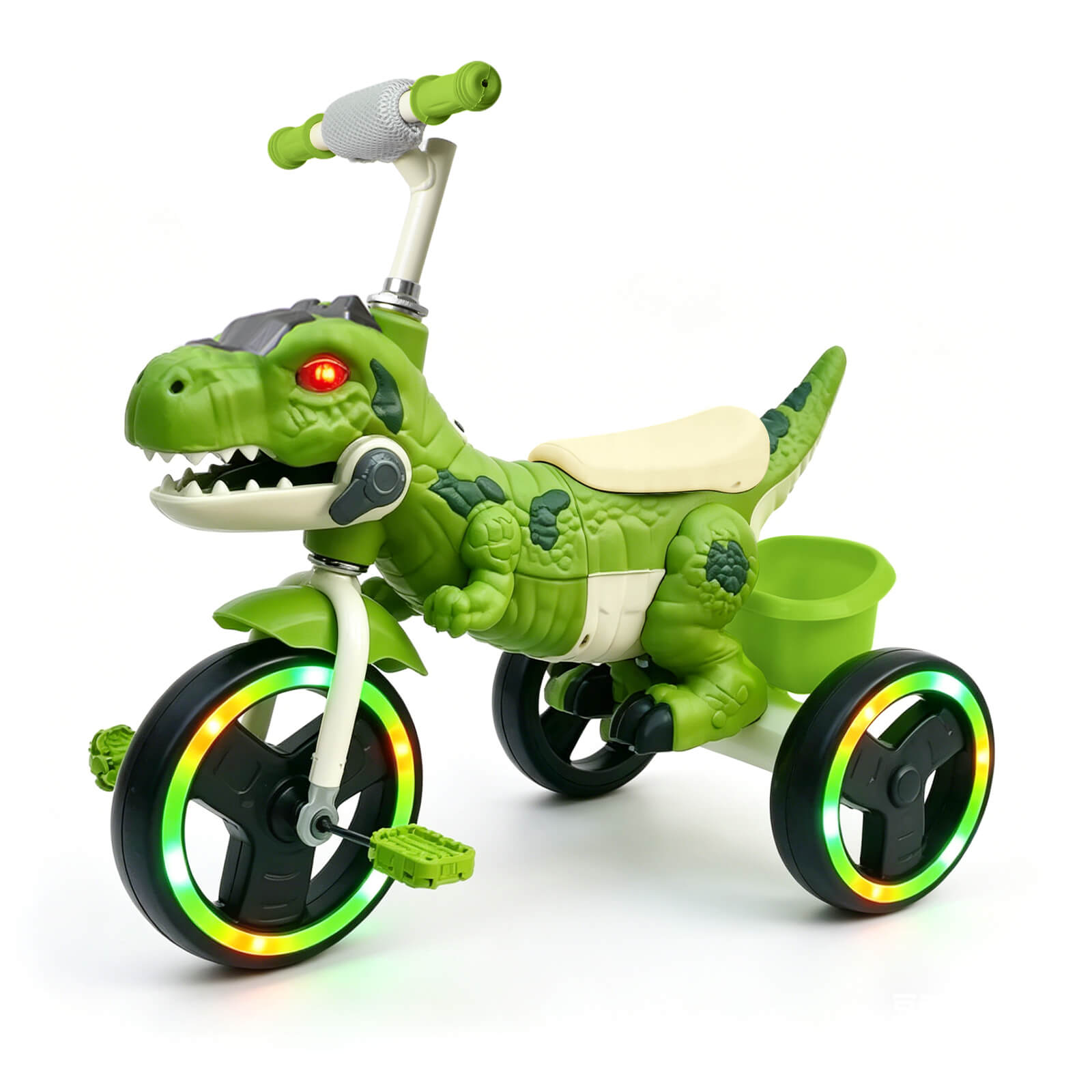 Kids Dinosaur Tricycle Ride-on Tricycle with Storage Basket Lights and Music for Child 2-6 Years Old