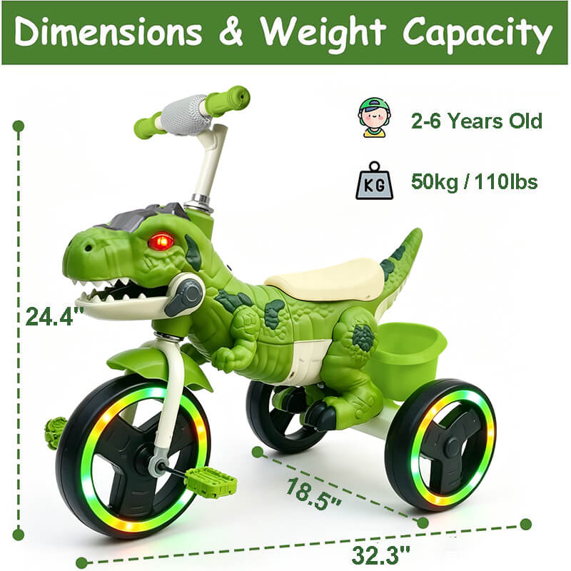 Kids Dinosaur Tricycle Ride-on Tricycle with Storage Basket Lights and Music for Child 2-6 Years Old