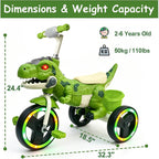 Kids Dinosaur Tricycle Ride-on Tricycle with Storage Basket Lights and Music for Child 2-6 Years Old