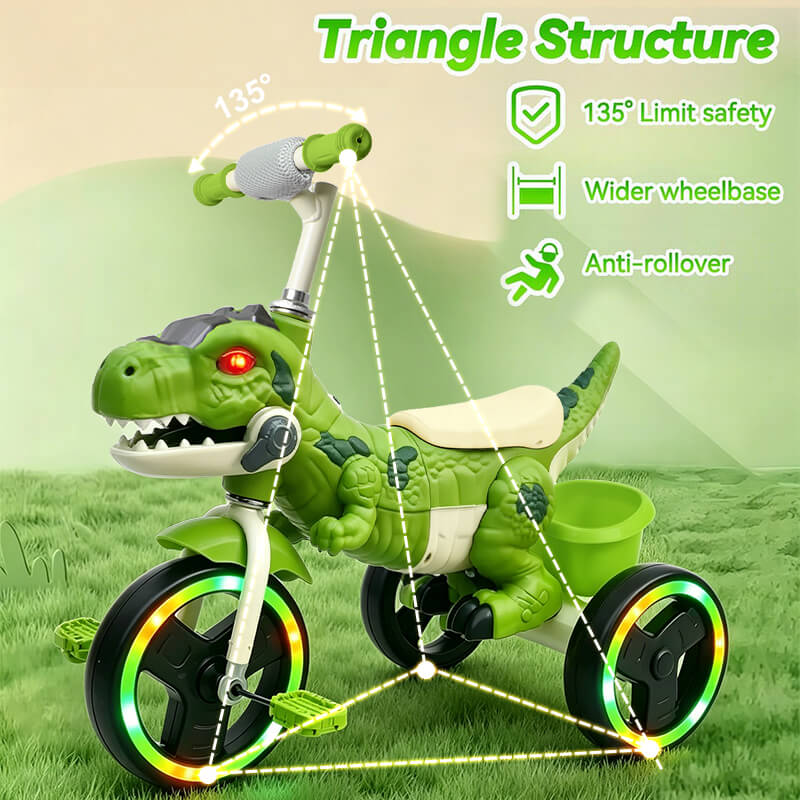 Kids Dinosaur Tricycle Ride-on Tricycle with Storage Basket Lights and Music for Child 2-6 Years Old