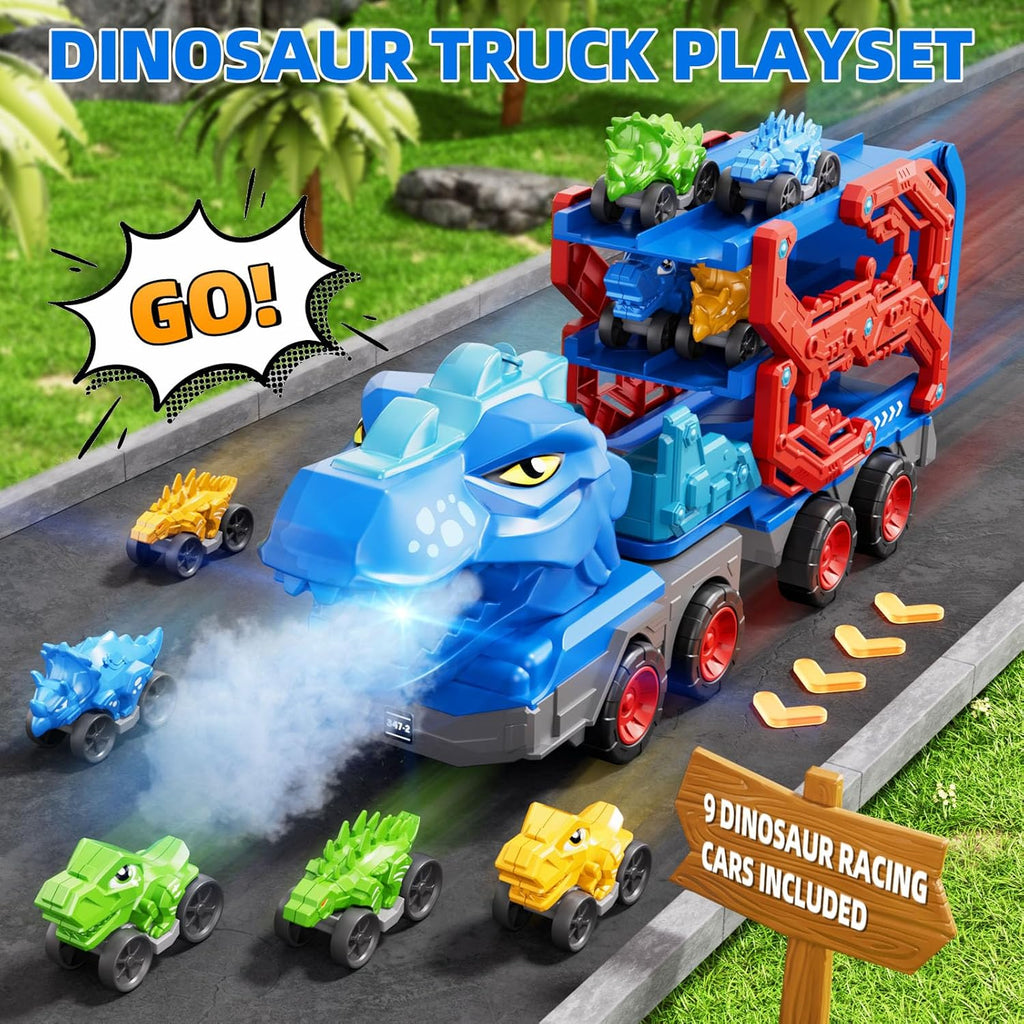 Kids Dinosaur Truck Toys 9 Dino Cars Foldable Track with Spray Light Sounds Holiday Gifts